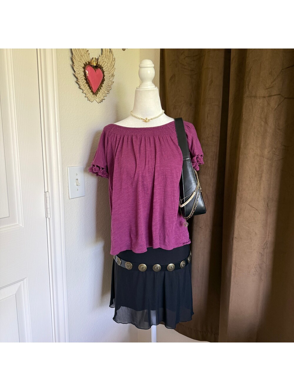 Neiman Marcus Purple Pom-Pom Detail Smocked Fringe Sleeve Boho Festival Blouse
